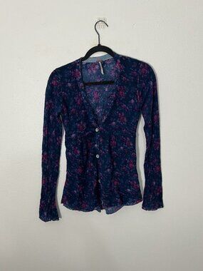 Free People Wool Blend Cardigan Sweater Medium Blue Floral Hippie Boho